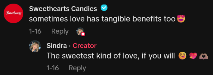 TikTok comment reading "sometimes love has tangible benefits too" and reply.