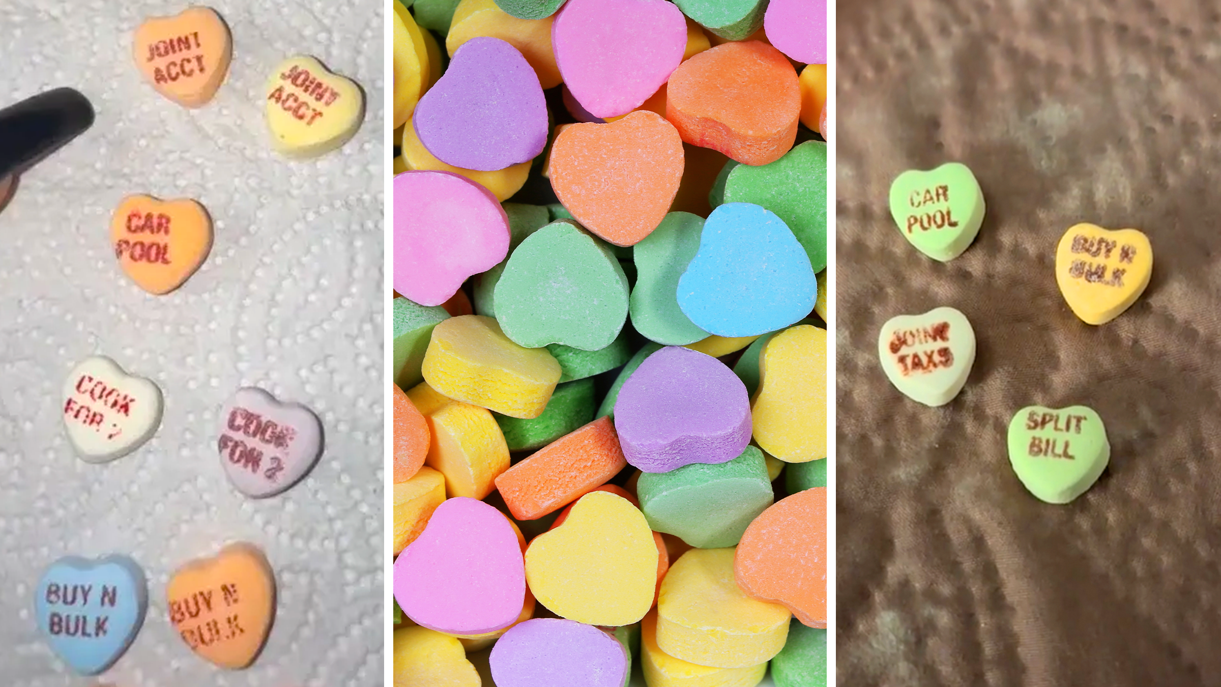 candy hearts with messages like "buy in bulk" and "cook for two"