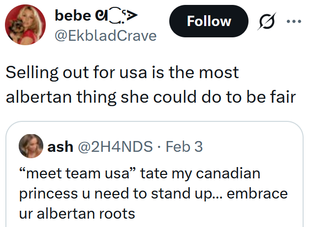 Tweet reading "Selling out for usa is the most albertan thing she could do to be fair"