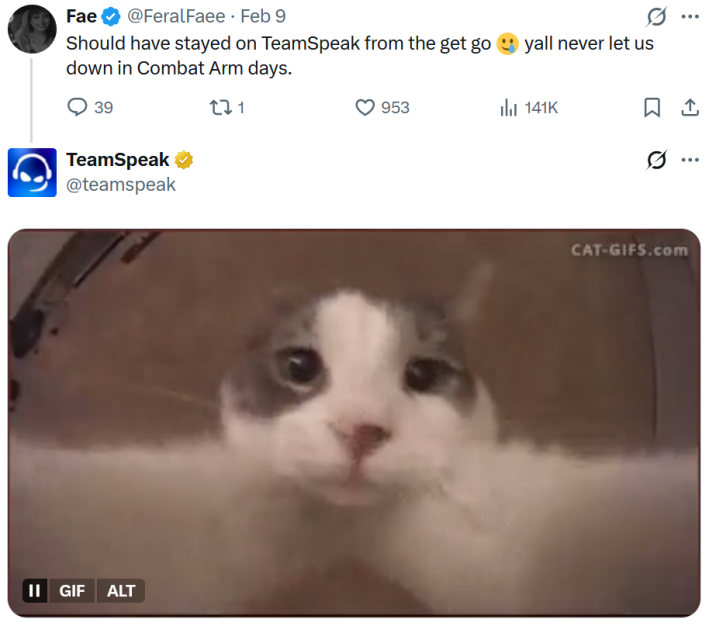 Tweet reading "Should have stayed on TeamSpeak from the get go, yall never let us down in Combat Arm days." TeamSpeak replies with a cat gif.