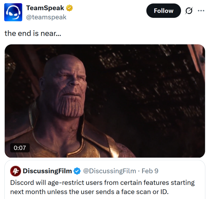 Tweet reading "the end is near..." with a Thanos gif.