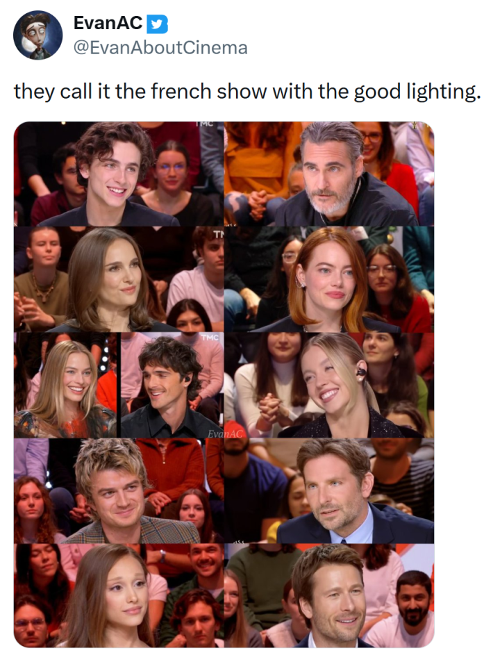Tweet that reads, "they call it the french show with the good lighting." with a compilation of 11 actors who appeared on the show.