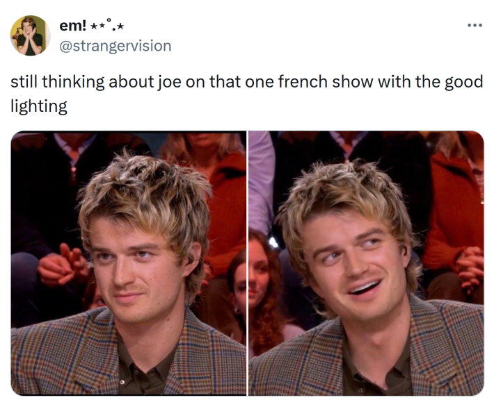 Tweet that reads, "still thinking about joe on that one french show with the good lighting"