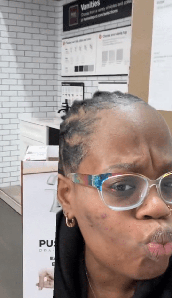 @karmadascientist/TikTok reacting to Kelly Laing's video of herself browsing sink aisle with tilted display at Home Depot