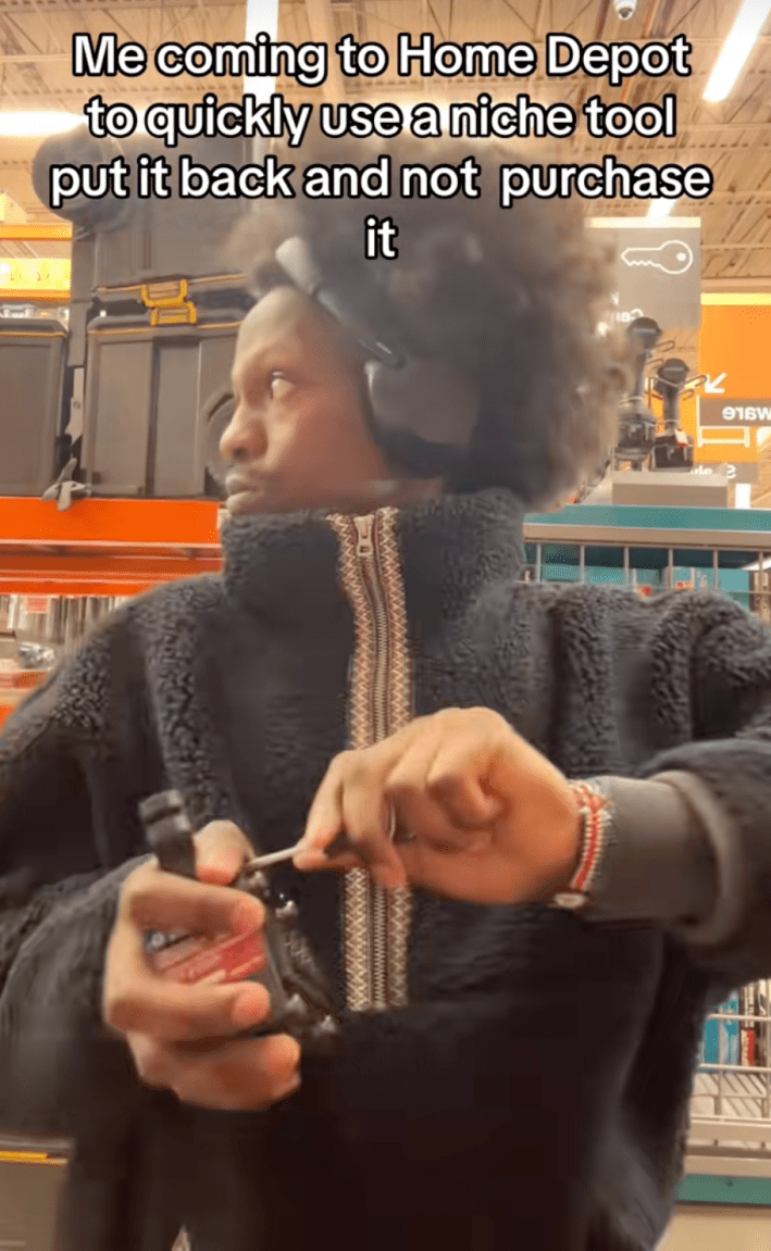 @chuistyled/TikTok using a screwdriver in an aisle at Home Depot, onscreen text reads, “Me coming to Home Depot to use a niche tool, put it back, and not purchase it.”