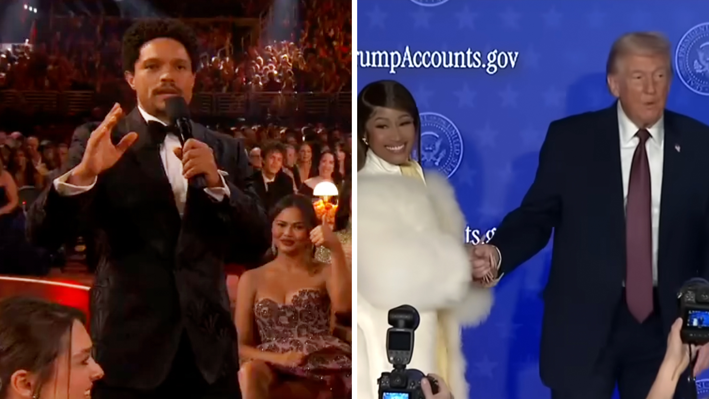 Left: Host Trevor Noah speaking into a microphone at the 68th annual Grammy Awards, Chrissy Teigen and her husband John Legend can be seen sitting to his left, Teigen giving the thumbs up. Right: Nicki Minaj holding the hand of President Donald Trump at his Trump Accounts summit, he is leading her to the podium.