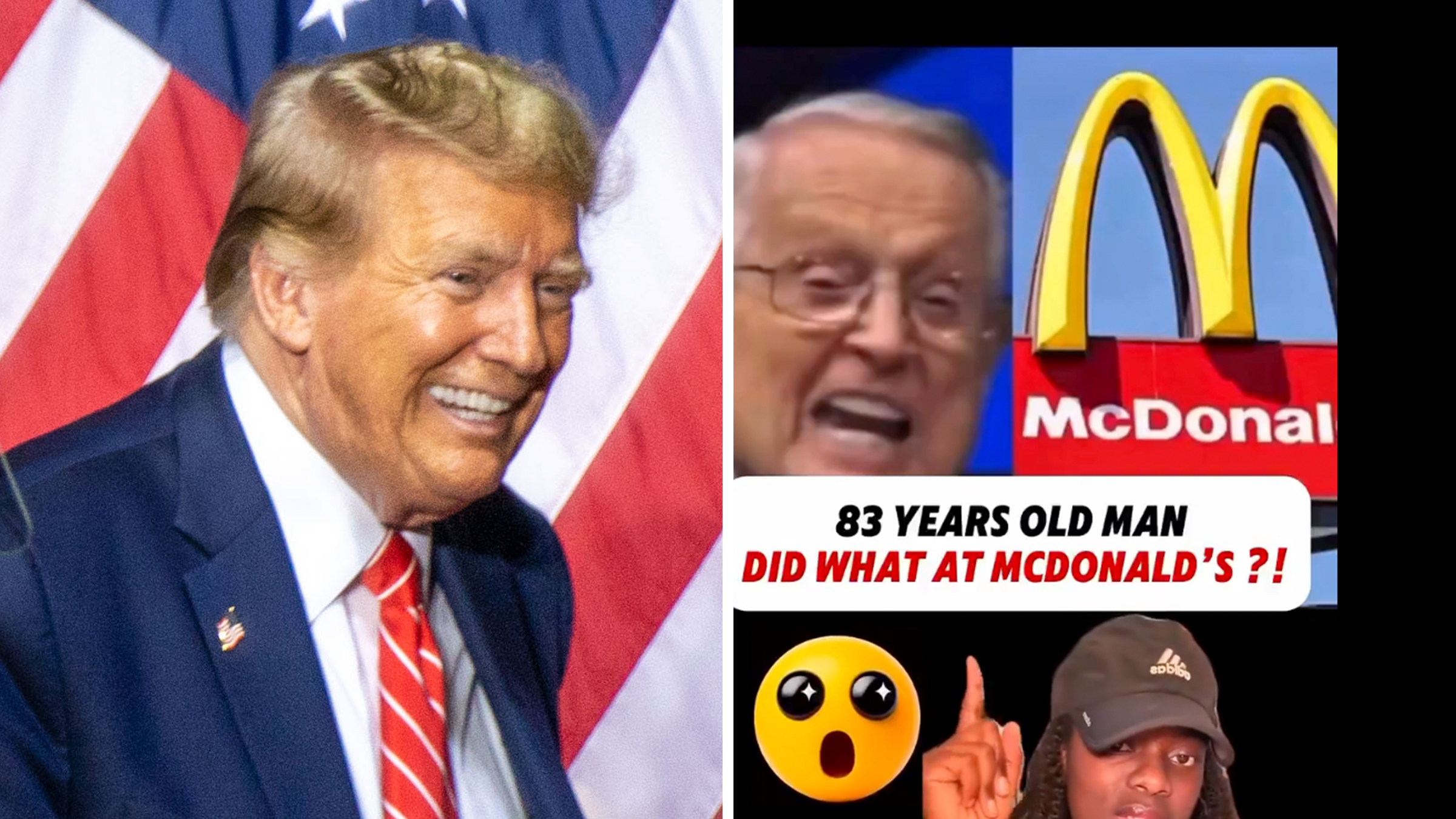 Left: President Donald Trump smiling widely in a navy suit against a background of American flags. Right: Screenshot of a pastor telling McDonald's story.