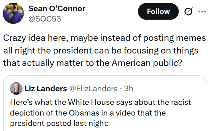 Tweet reading "Crazy idea here, maybe instead of posting memes all night the president can be focusing on things that actually matter to the American public?"