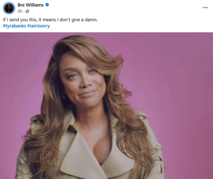 Social media post with the Tyra Banks no accountability meme that reads, "If I send you this, it means I don’t give a d*mn."