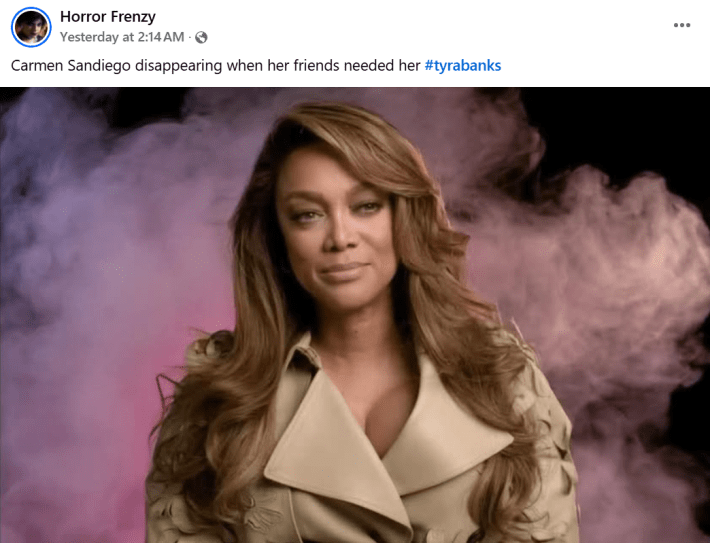 Social media post with the Tyra Banks no accountability meme that reads, "Carmen Sandiego disappearing when her friends needed her."