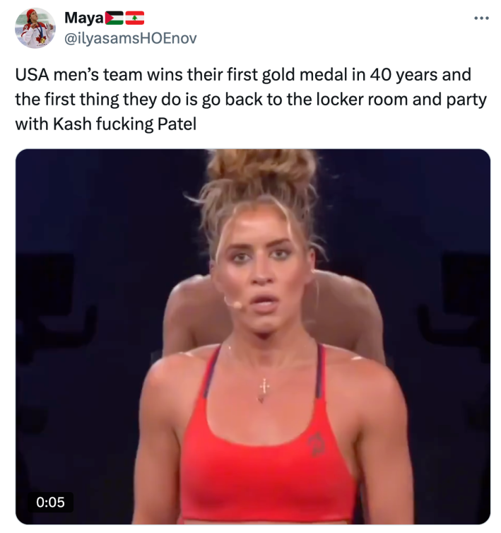 Tweet that reads, "USA men’s team wins their first gold medal in 40 years and the first thing they do is go back to the locker room and party with Kash f*cking Patel"