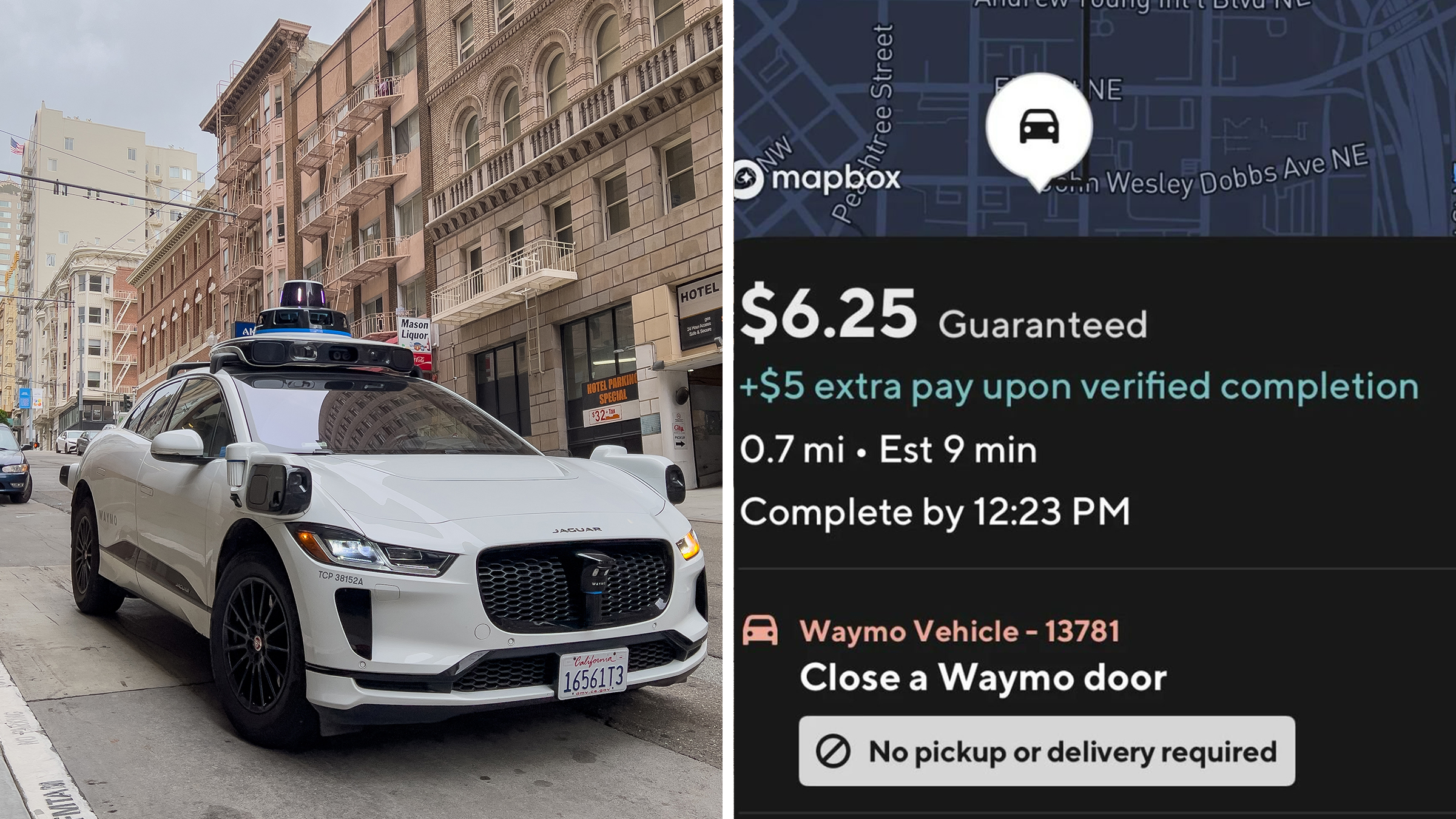 Left: Waymo self driving taxi driving in downtown San Francisco, California. Right: Screenshot of a DoorDash screenshot offering driver $6.25 to close a Waymo door.