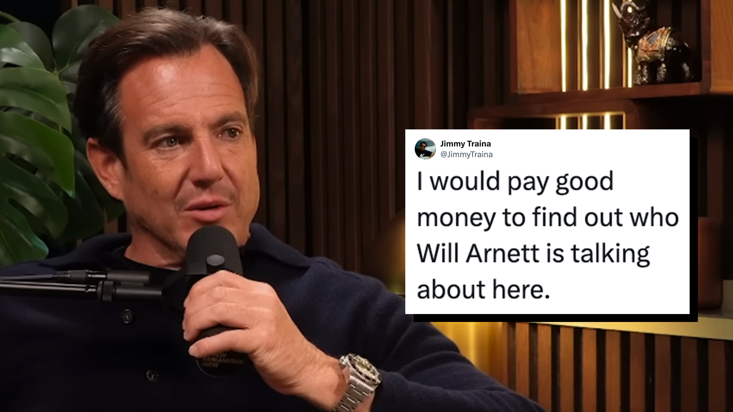 Actor Will Arnett seated and speaking into a microphone during an appearance on the Romesh Ranganathan ShowTweet text overlay reads, "I would pay good money to find out who Will Arnett is talking about here."