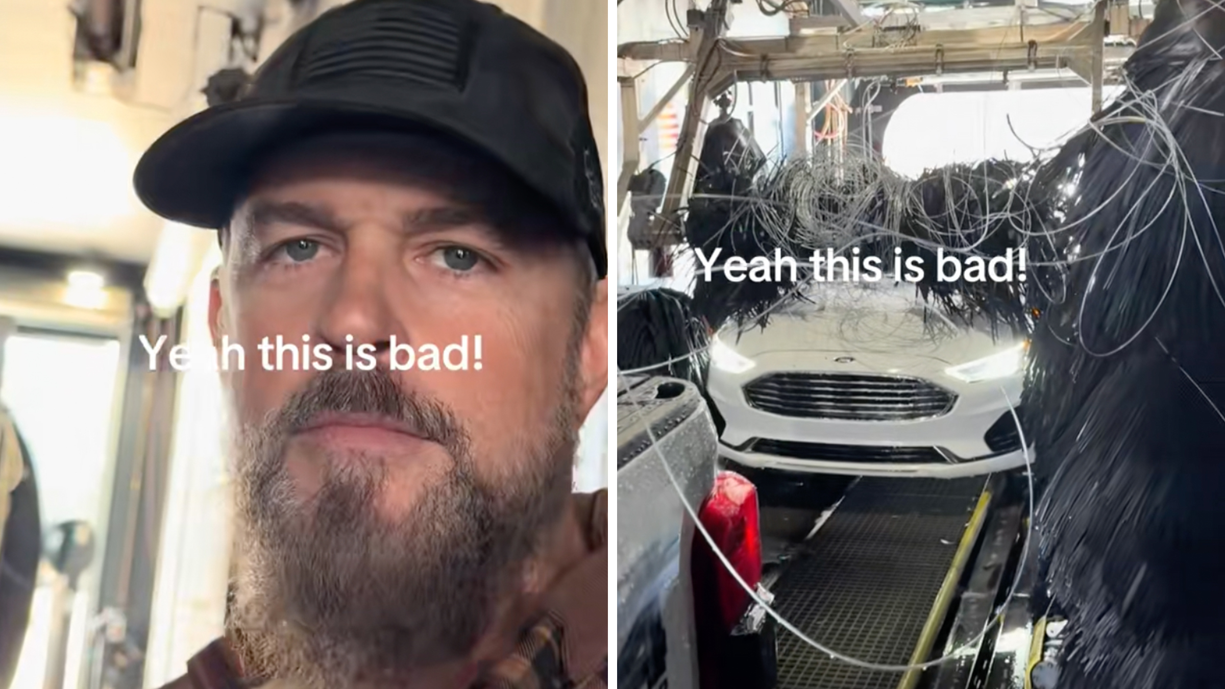 Left: Man in a black cap looking into the camera, text overlay reads, "Yeah this is bad!" Right: Truck bed visible inside a car wash, wire spool tangled all over the place, "Yeah this is bad!"