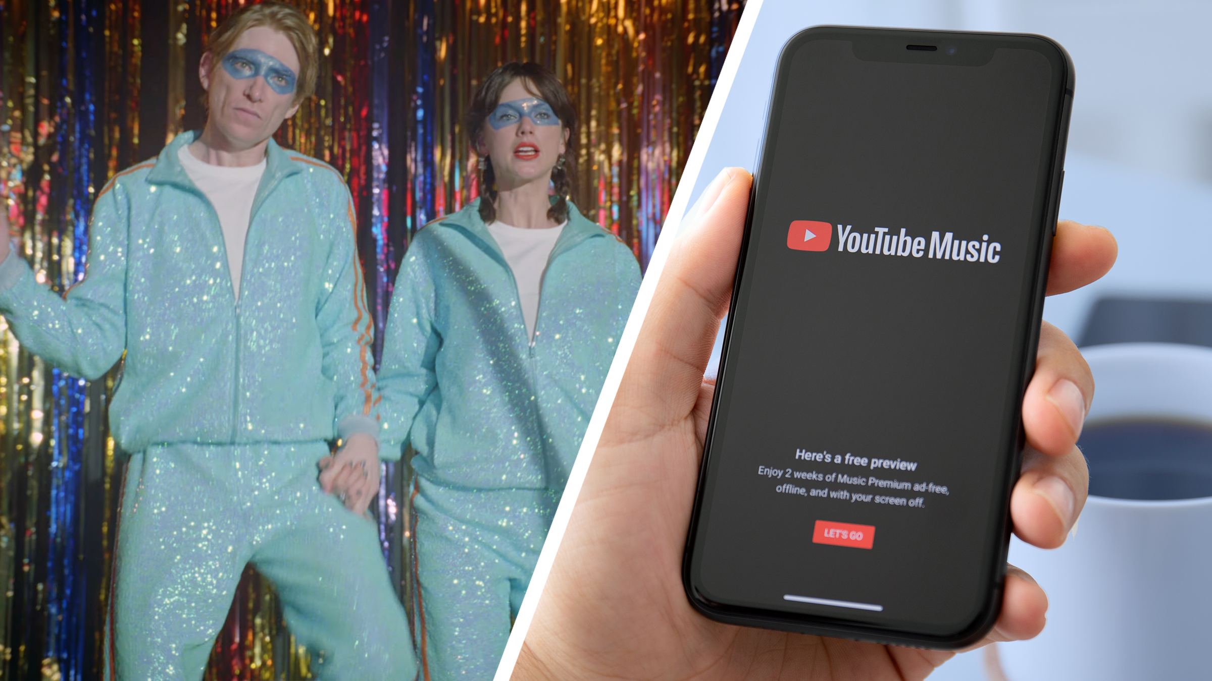 Left: Domnhall Gleeson and Taylor Swift dancing in a music video; Right: YouTube Music app on a phone