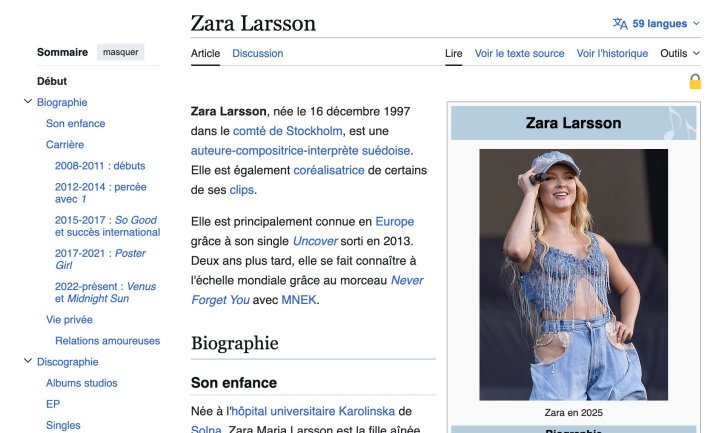 Zara Larssons wikipedia page with picture she doesn't like