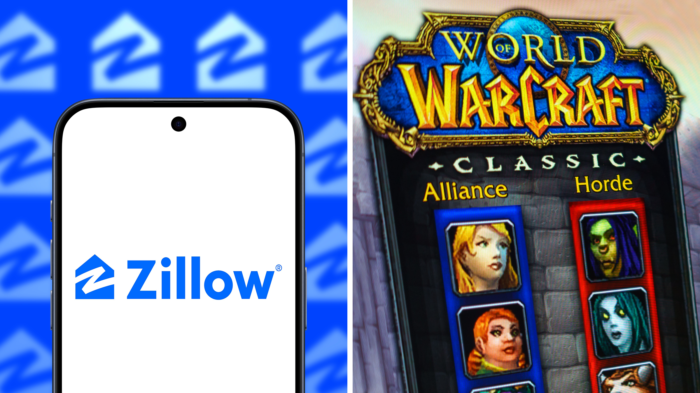 L: Zillow logo on a phone; R: World of Warcraft gameplay