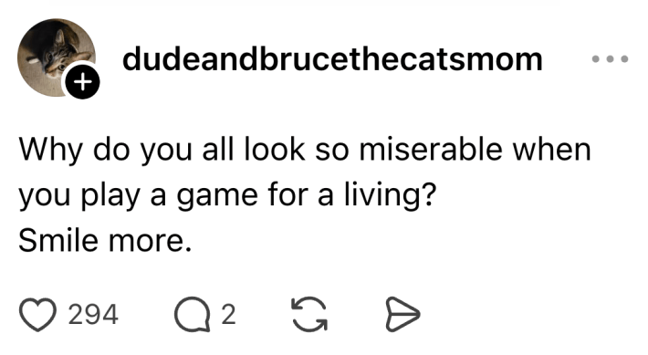 Threads post from the Ottawa Senators of the men's team walking in and looking very unhappy overall. A reply reads, "Why do you all look so miserable when you play a game for a living? Smile more."