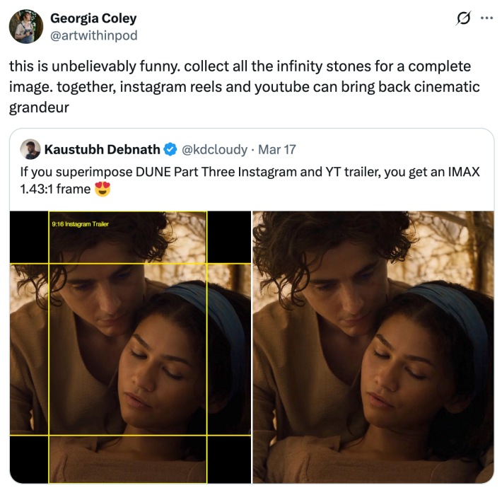 this is unbelievably funny. collect all the infinity stones for a complete image. together, instagram reels and youtube can bring back cinematic grandeur