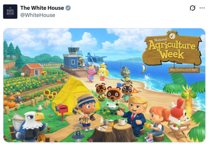 Desenho animado de Trump no estilo Animal Crossing cercado por NPCs e fazendas de Animal Crossing com o logotipo Animal Crossing transformado no texto, "Semana Nacional da Agricultura - obrigado agricultores."