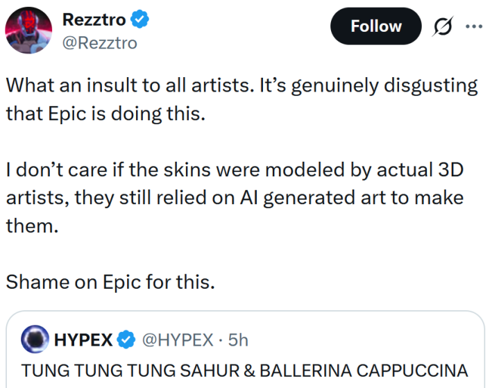 Tweet reading "What an insult to all artists. It’s genuinely disgusting that Epic is doing this. I don’t care if the skins were modeled by actual 3D artists, they still relied on AI generated art to make them. Shame on Epic for this."