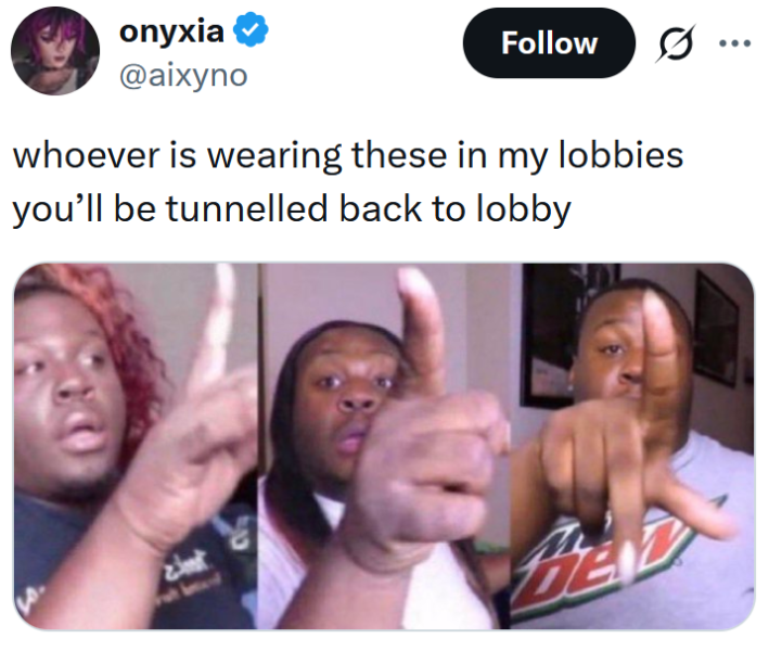 Tweet reading "whoever is wearing these in my lobbies you’ll be tunnelled back to lobby"