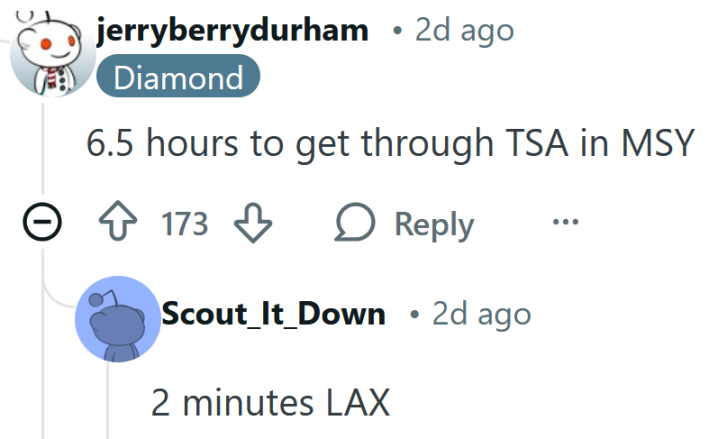 Reddit comment reading "6.5 hours to get through TSA in MSY" and reply reading "2 minutes LAX."