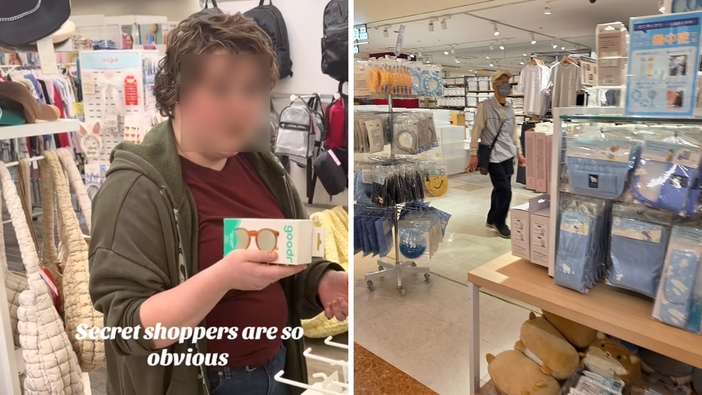 Left: Woman holding a box of sunglasses, wearing a hooded sweatshirt and maroon t-shirt. Text overlay reads, "Secret shoppers are so obvious." Right: Shopper in a face mask walking inside of a store in a shopping mall.