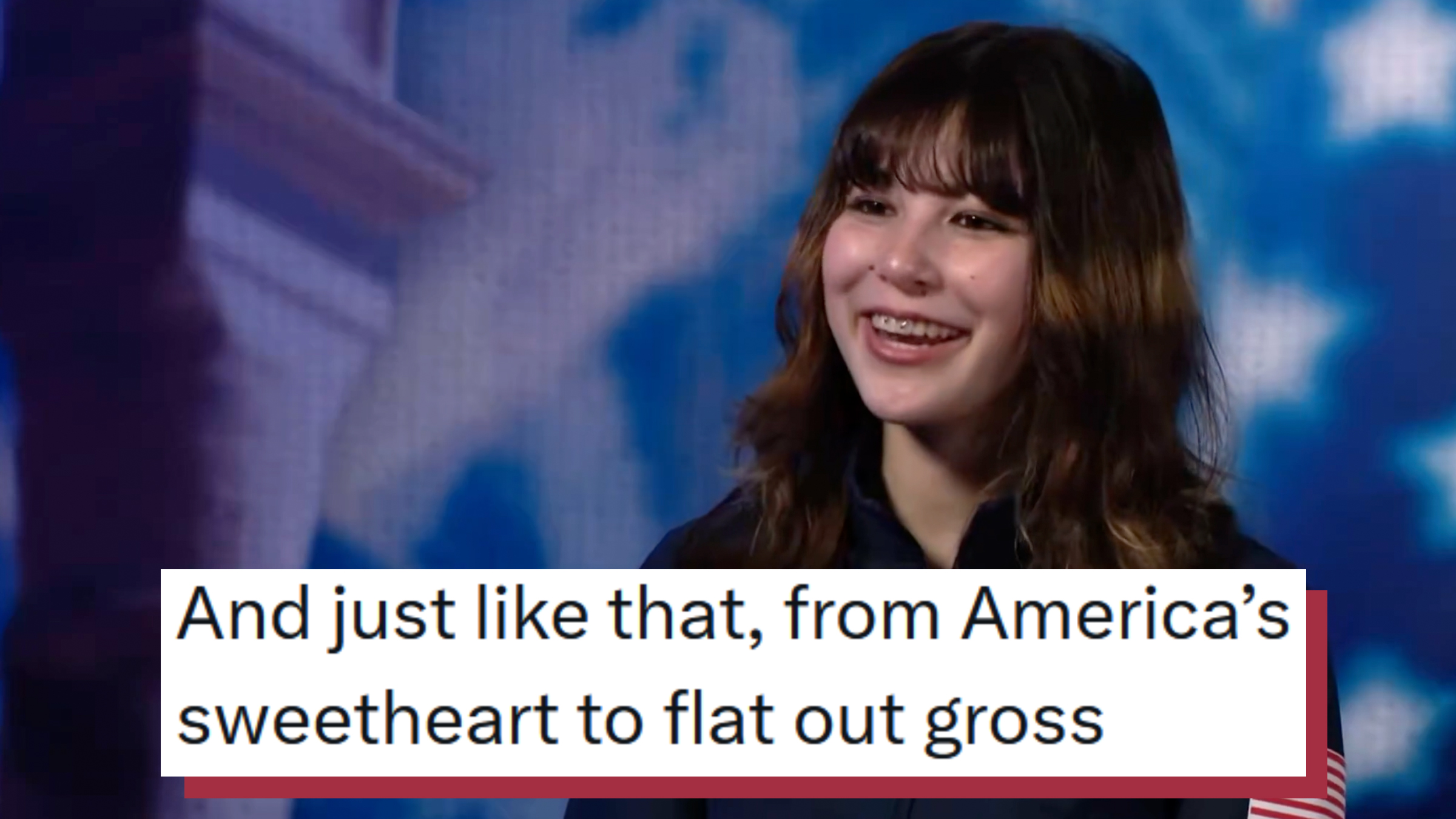 U.S. Gold Olympics medalist Alysa Liu smiling widely during an interview against a blue background. Tweet text overlay reads, "And just like that, from America's sweetheart to flat out gross."