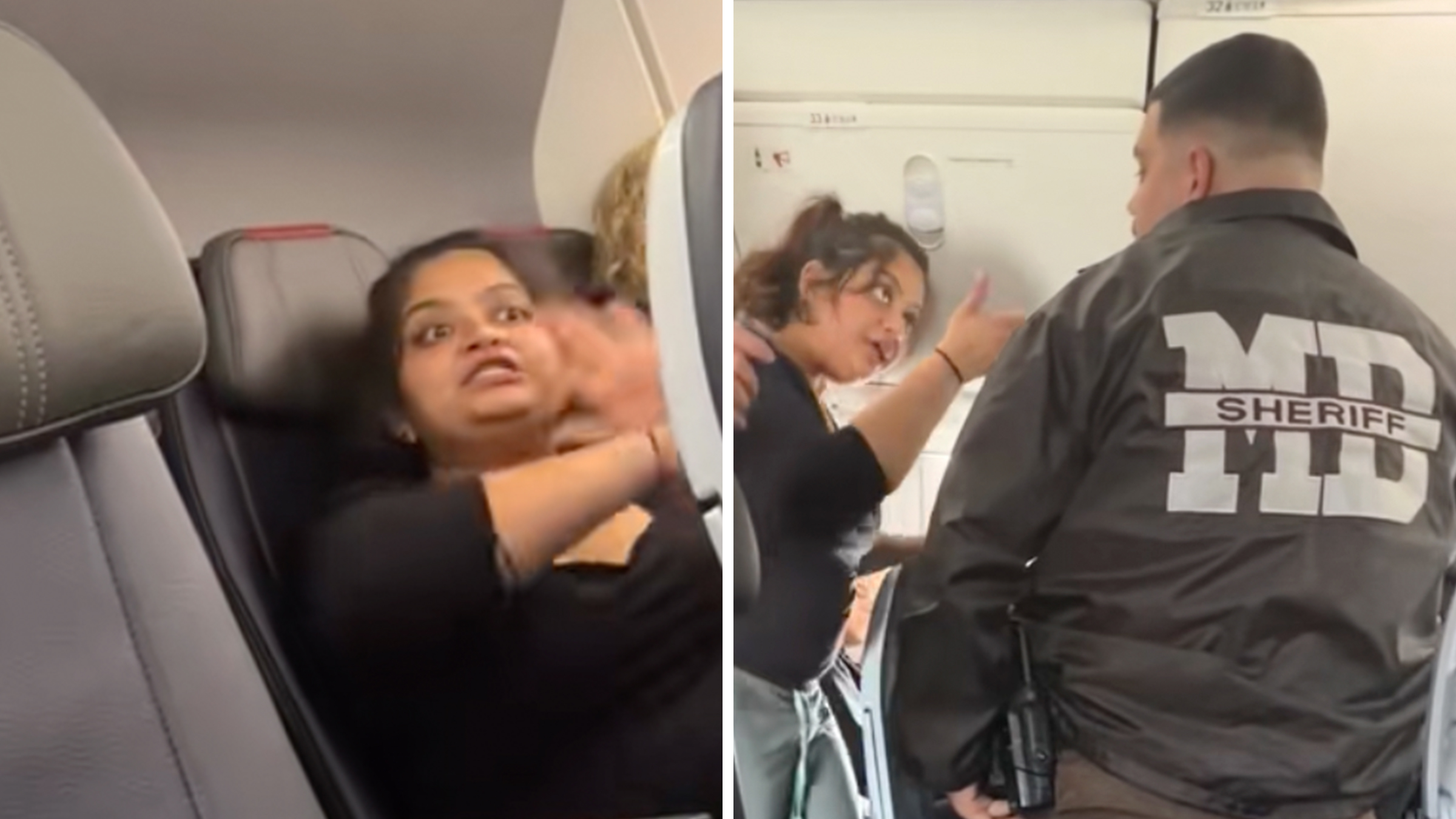 Left: Belligerent American Airlines passenger, woman in a plane seat waving her arms around. Right: Woman arguing in an airplane with a man who is wearing a black jacket with "Sheriff" written across the back.