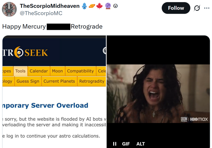Tweet reading "Happy Mercury [redacted] Retrograde" with an AstroSeek website notice screenshot and a gif of a woman screaming.