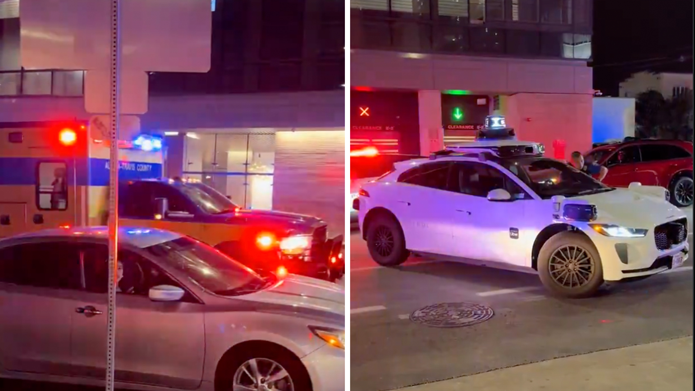 Waymo robotaxi in Austin, TX, seen blocking traffic at night as an ambulance with lights on attempts to drive by.