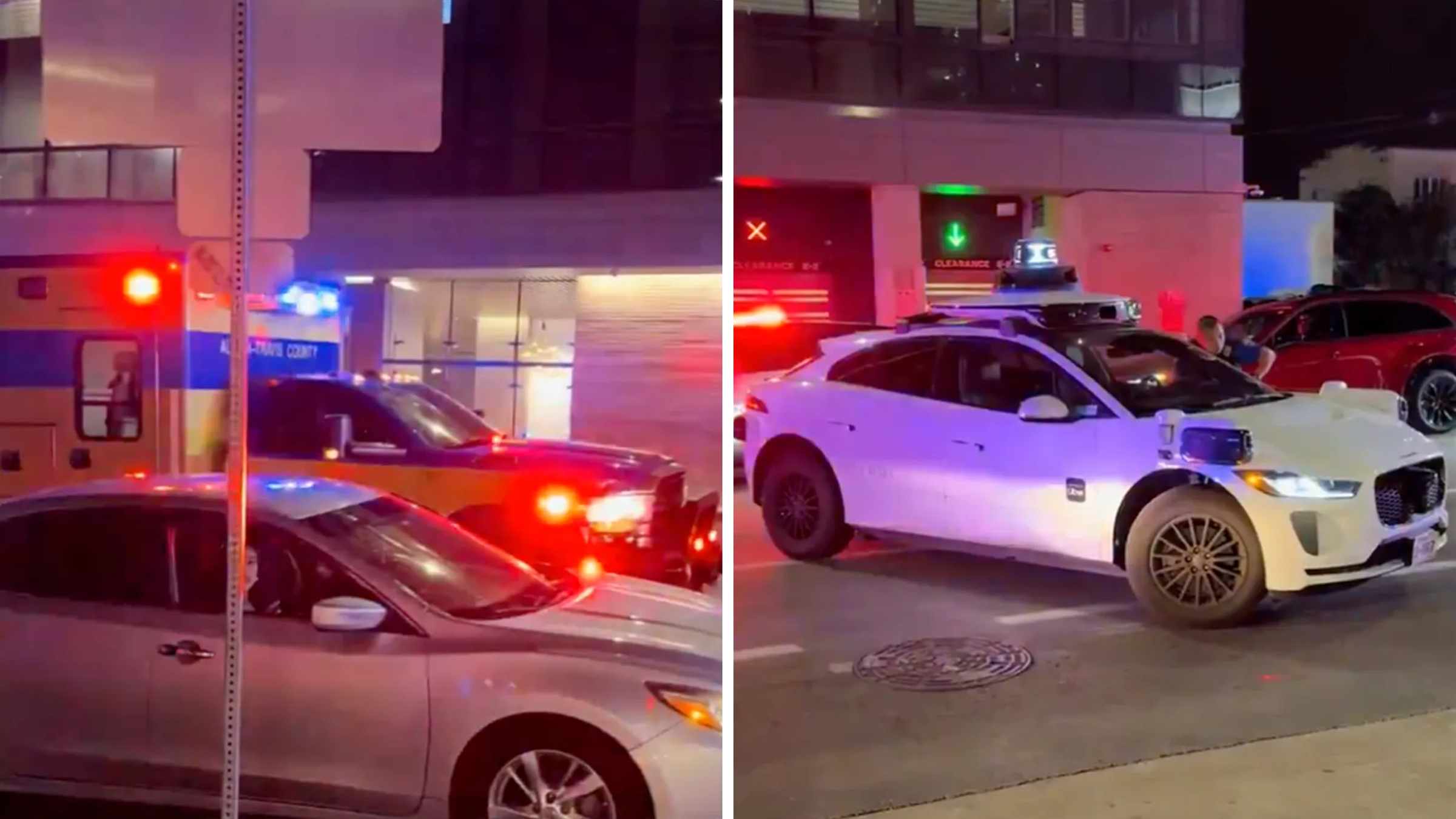 Waymo robotaxi in Austin, TX, seen blocking traffic at night as an ambulance with lights on attempts to drive by.