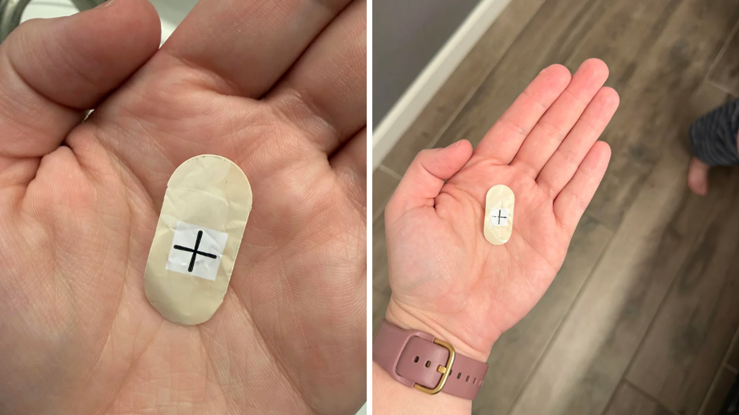 Thin oval piece of paper with a "plus" sign symbol on it, oval-shaped, laying in the palm of a hand. It is the sticker from a baby wipes package.