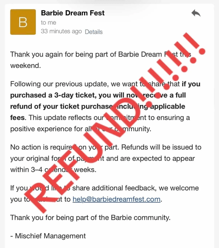 A Barbie Dream Fest official email stating that 3-day tickets would be refunded.