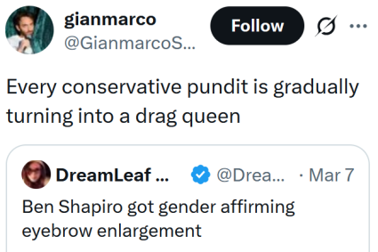 Leitura de tweets "Todo especialista conservador está gradualmente se transformando em uma drag queen"