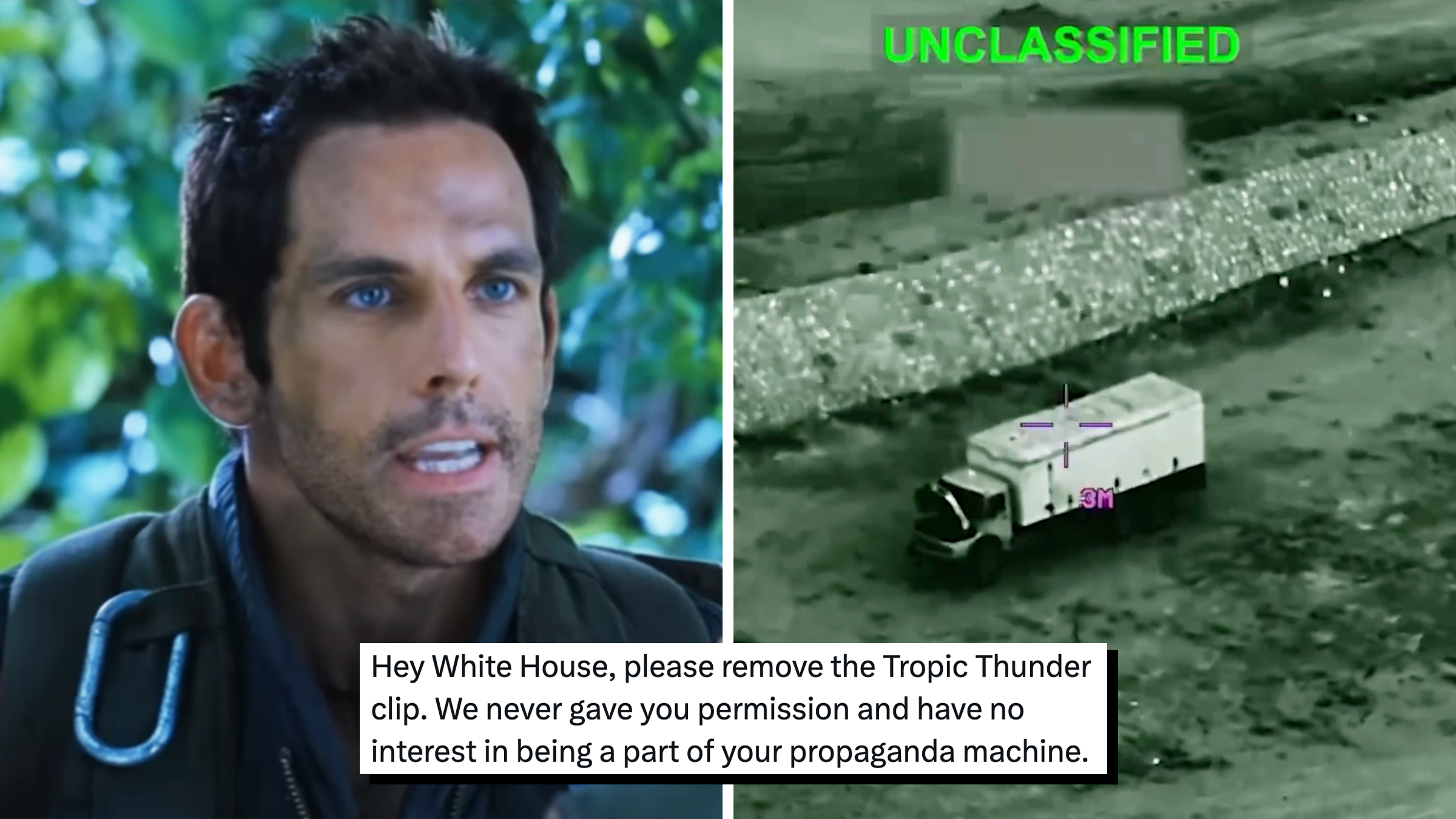ben stiller in tropic thunder next to a still from a white house video