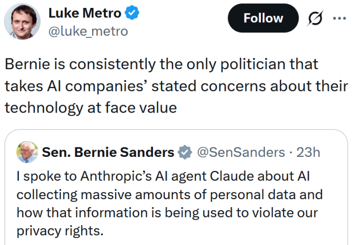 Tweet reading "Bernie is consistently the only politician that takes AI companies’ stated concerns about their technology at face value"