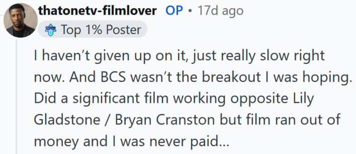 Reddit comment reading "I haven’t given up on it, just really slow right now. And BCS wasn’t the breakout I was hoping. Did a significant film working opposite Lily Gladstone / Bryan Cranston but film ran out of money and I was never paid…"