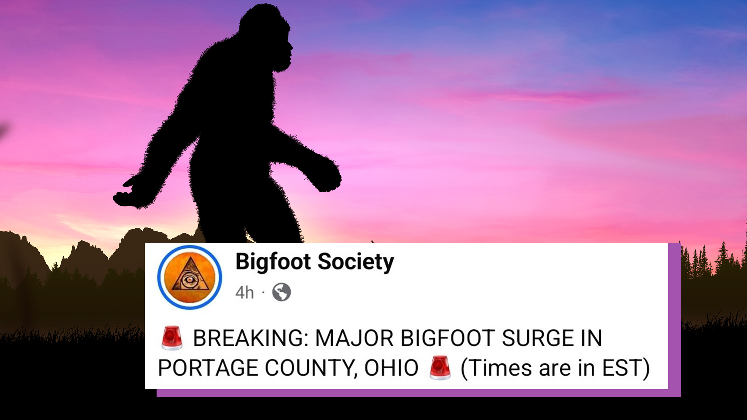 Black Bigfoot outline moves undisturbed against a pink and purple sunset.