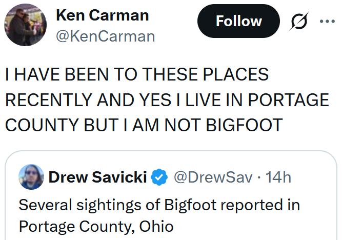Tweet reading "I HAVE BEEN TO THESE PLACES RECENTLY AND YES I LIVE IN PORTAGE COUNTY BUT I AM NOT BIGFOOT"