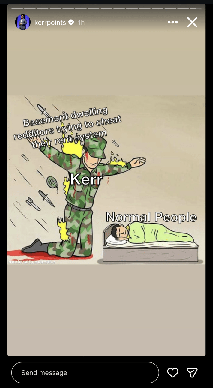 Soldier protecting a sleeping child meme with the falling weapons labeled "Basement dwelling redditors trying to cheat their rent system" and the soldier labeled "Kerr." The child is labeled "Normal People."