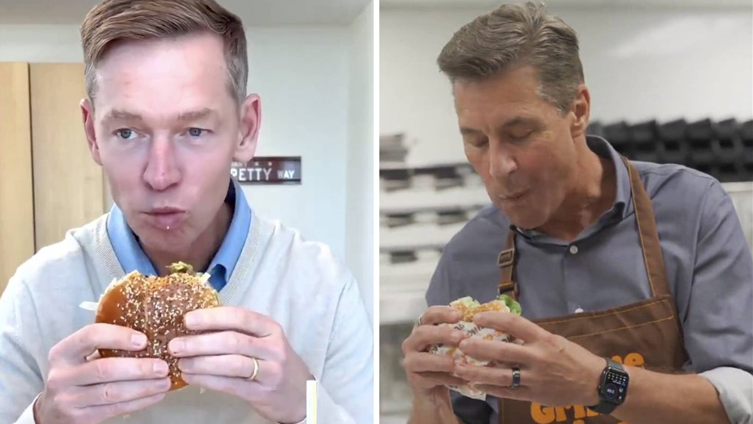 Left: McDonald’s CEO Chris Kempczinski taking a small bite of the new Big Arch Burger. Right: Burger King CEO Tom Curtis taking a large bite of a Whopper.