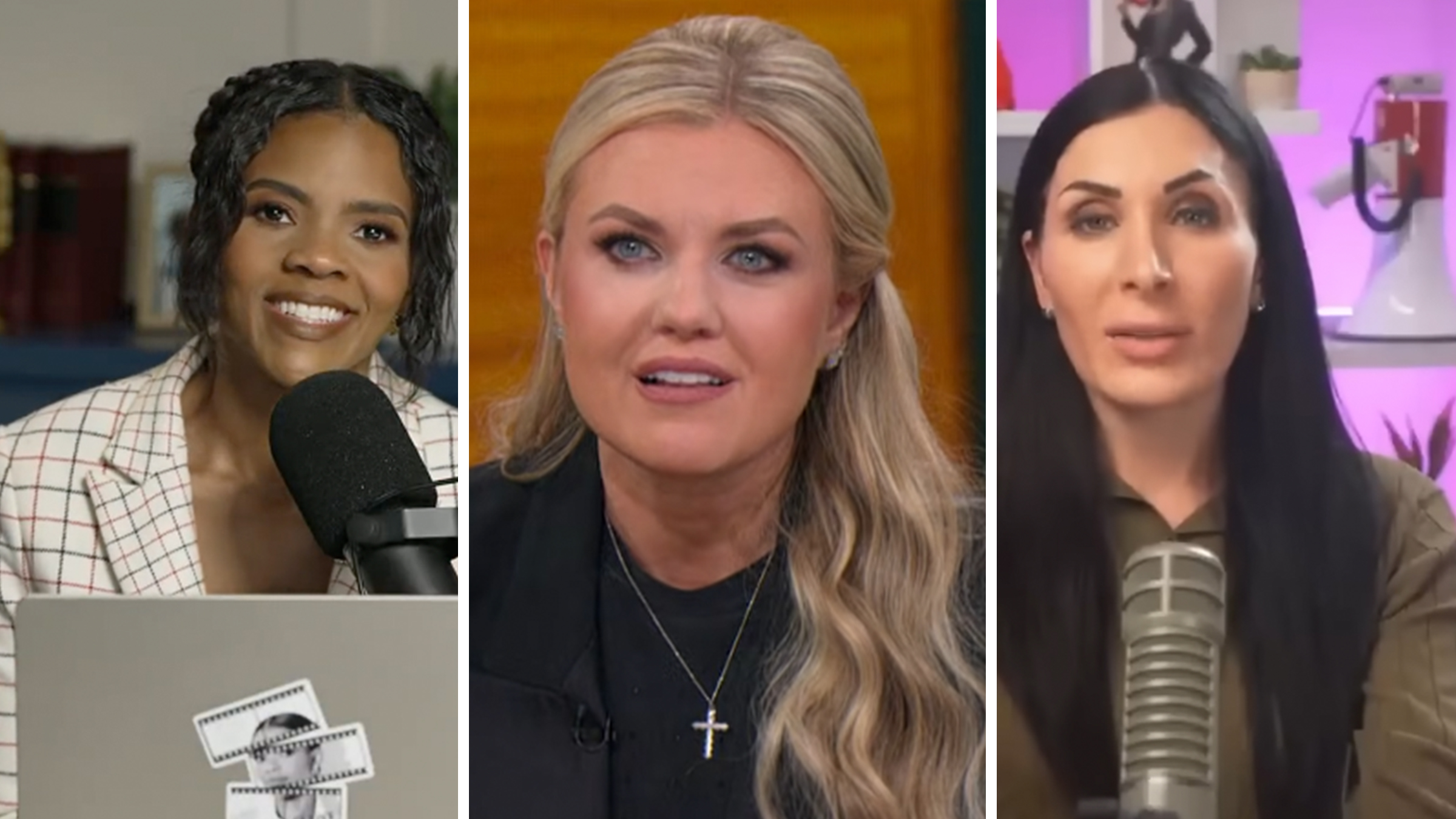 3 panel: Left: Conservative commentator Candace Owens speaking into a microphone and smiling. Middle: Turning Point USA leader Erika Kirk teary-eyed. Right: Far-right activist Laura Loomer speaking to the camera against a pink background.