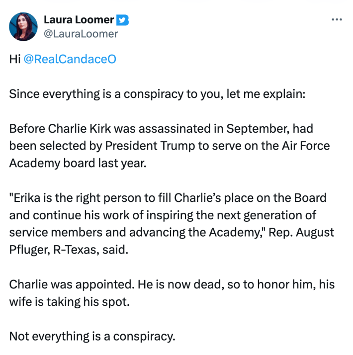 Laura Loomer's response to Candace Owens about Erika Kirk's appointment to the Air Force Academy board.