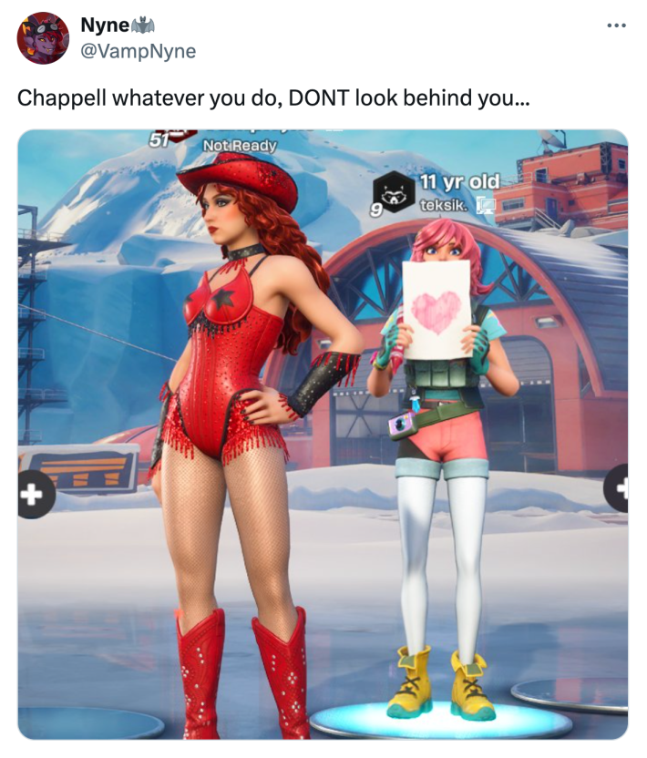 Tweet that reads, "Chappell whatever you do, DONT look behind you..." with two video game character skins, one of Chappell Roan and one of a smaller figure labeled "11 yr old" holding a heart sign.