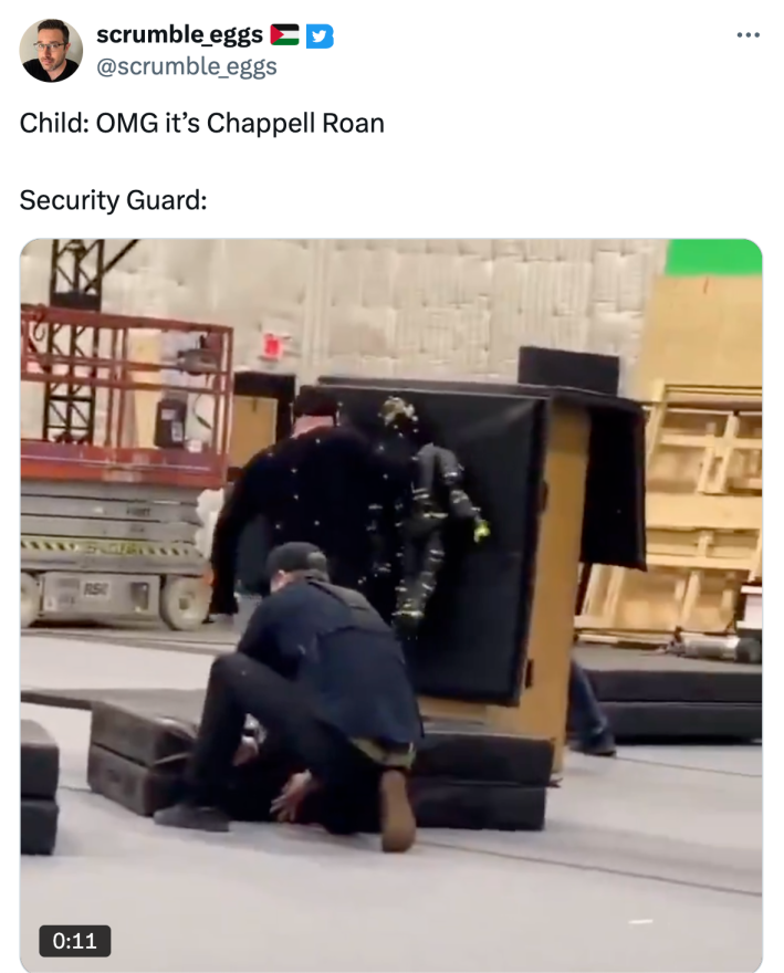 Tweet that reads, "Child: OMG it’s Chappell RoanSecurity Guard:" with a BTS video of a fight scene from a movie with a burly man beating up a child-sized mannequin.
