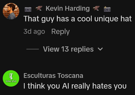 TikTok comments including one reading "That guy has a cool unique hat"