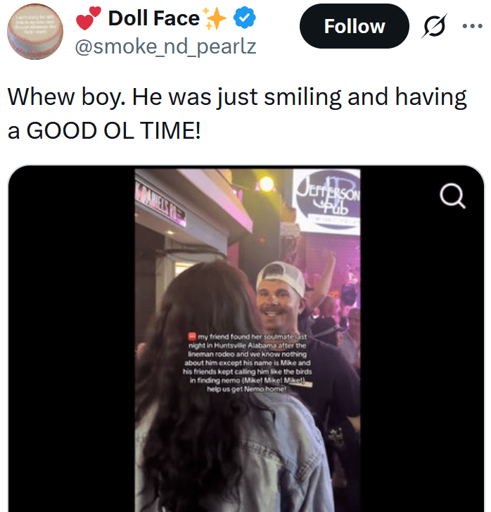 Tweet reading "Whew boy. He was just smiling and having a GOOD OL TIME!"