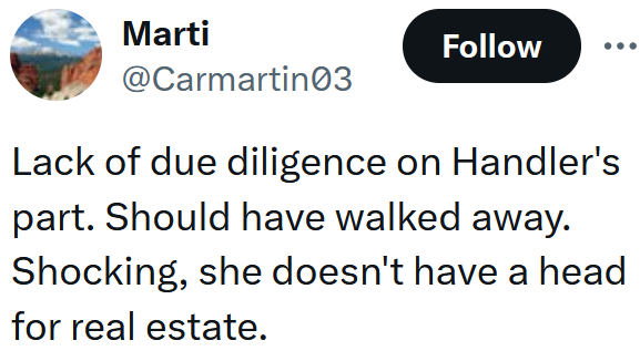 Tweet reading "Lack of due diligence on Handler's part. Should have walked away. Shocking, she doesn't have a head for real estate."